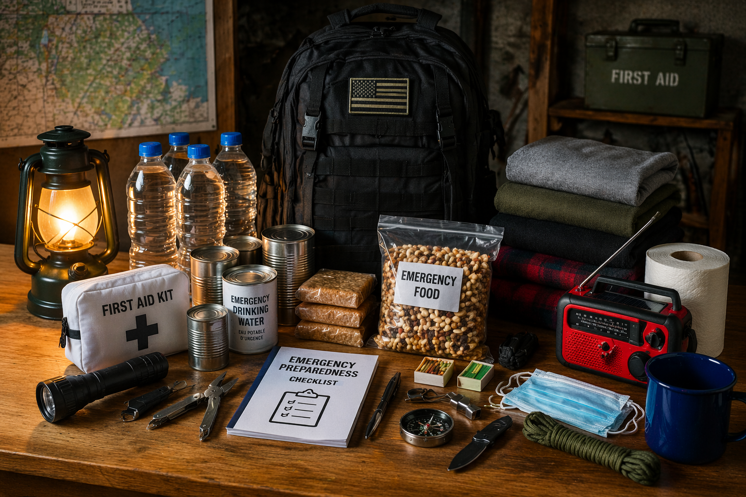 Survival gear and emergency preparedness setup outdoors