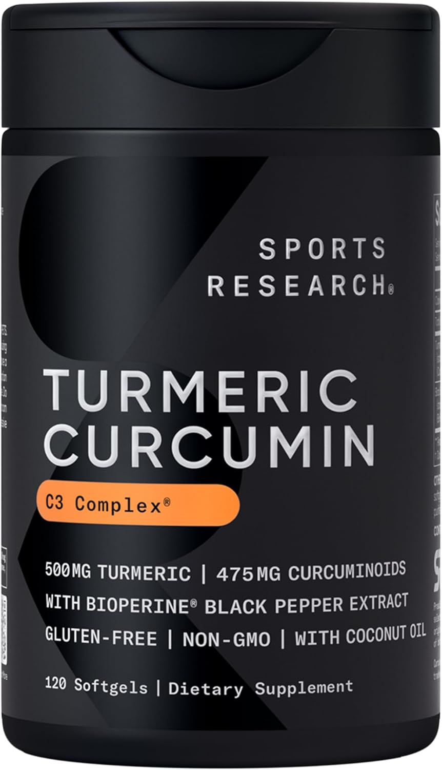 Sports Research® Turmeric Curcumin C3 Complex® w/BioPerine Black Pepper Extract & Organic Coconut Oil - Standardized 95% Curcuminoids · Non-GMO · Gluten Free - 120 Count Softgels