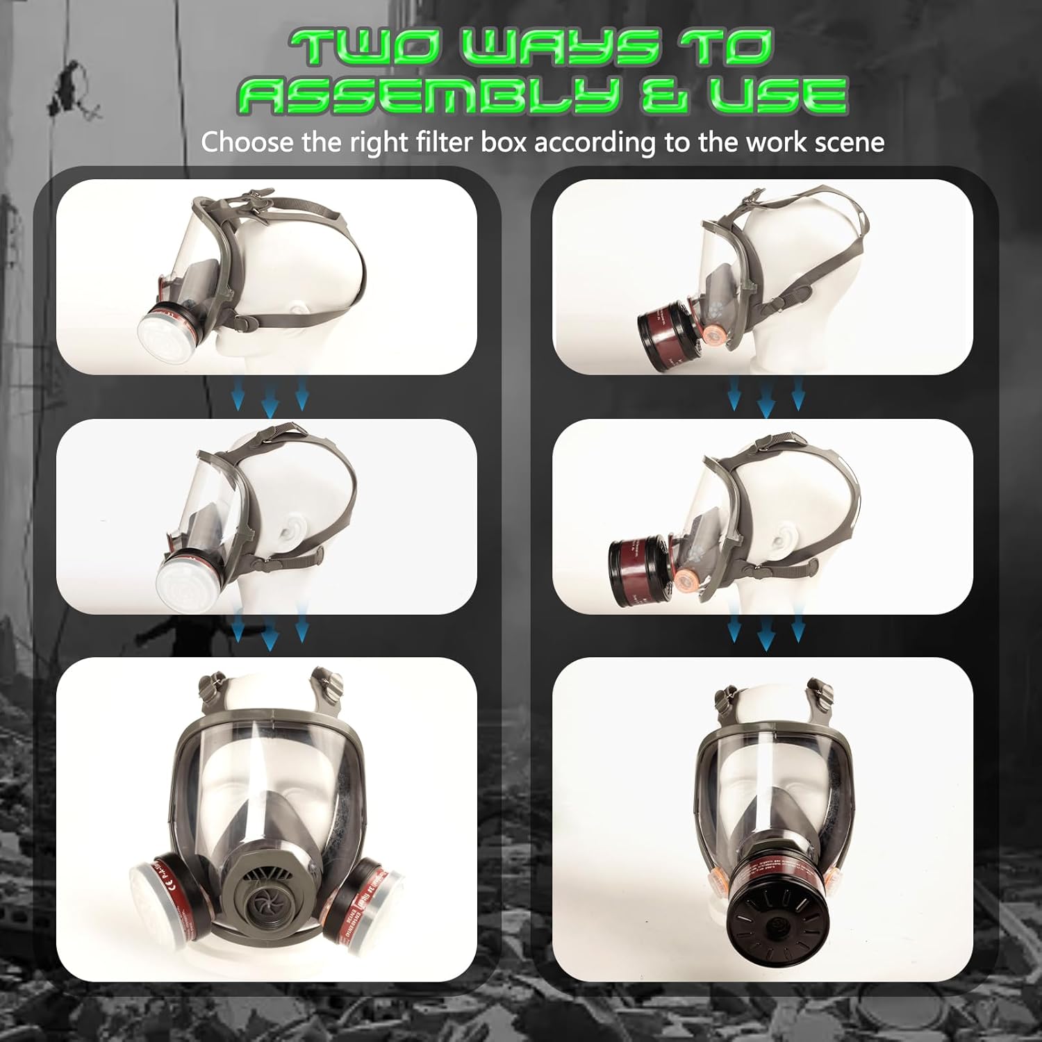 HANUU Gas Masks Survival Nuclear and Chemical, Gas Mask with 40mm Activated Carbon Filter and P-A-1 Filters, Tactical Full Face Respirator Mask for Vapor Chemicals Spray Paint Resin Dust (2 Pack) - Image 6