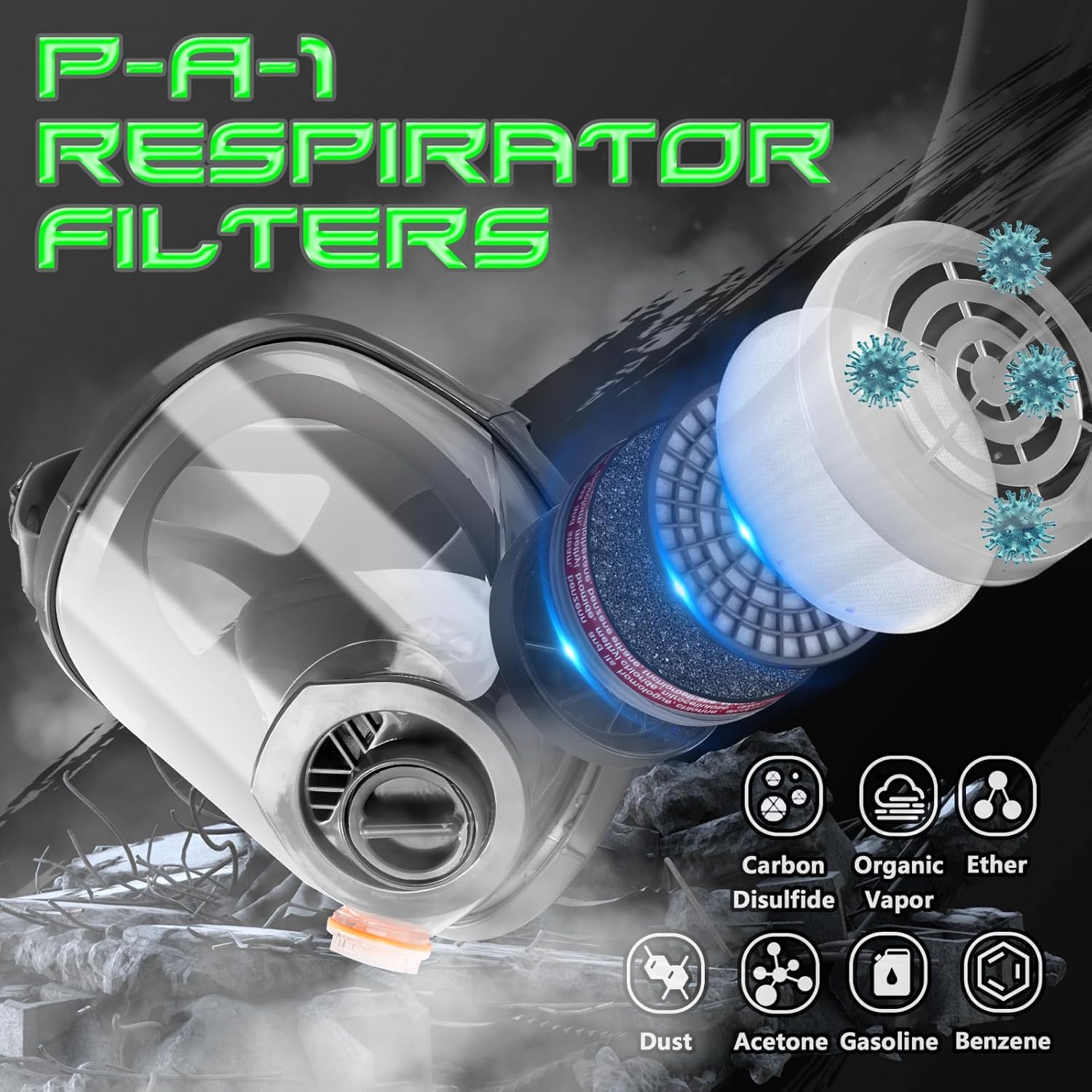 HANUU Gas Masks Survival Nuclear and Chemical, Gas Mask with 40mm Activated Carbon Filter and P-A-1 Filters, Tactical Full Face Respirator Mask for Vapor Chemicals Spray Paint Resin Dust (2 Pack) - Image 4