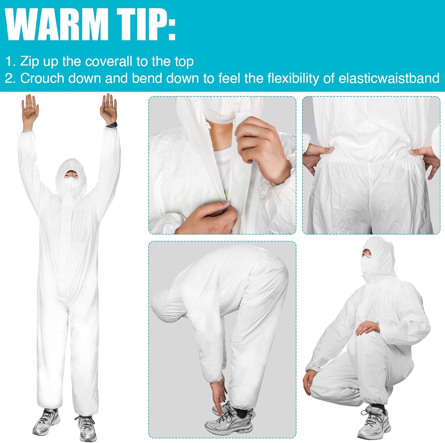 FURWEY Hazmat Suits 1/10 Pack Disposable Coveralls, with Elastic Wrists, Ankles and Hood, Available in 4 sizes - Image 8