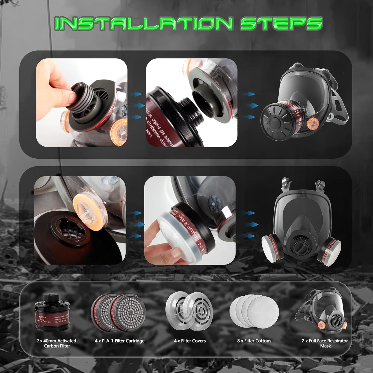HANUU Gas Masks Survival Nuclear and Chemical, Gas Mask with 40mm Activated Carbon Filter and P-A-1 Filters, Tactical Full Face Respirator Mask for Vapor Chemicals Spray Paint Resin Dust (2 Pack) - Image 5