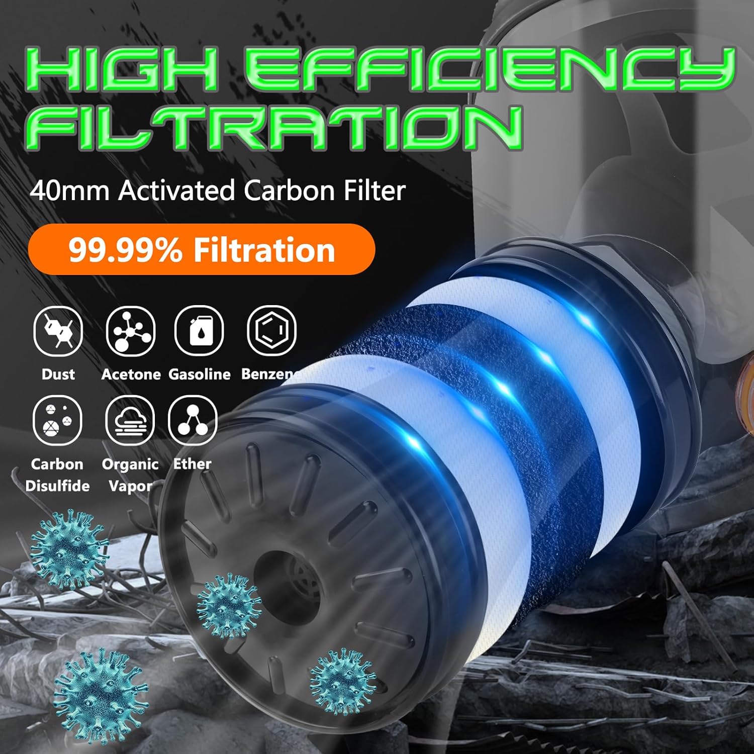 HANUU Gas Masks Survival Nuclear and Chemical, Gas Mask with 40mm Activated Carbon Filter and P-A-1 Filters, Tactical Full Face Respirator Mask for Vapor Chemicals Spray Paint Resin Dust (2 Pack) - Image 2
